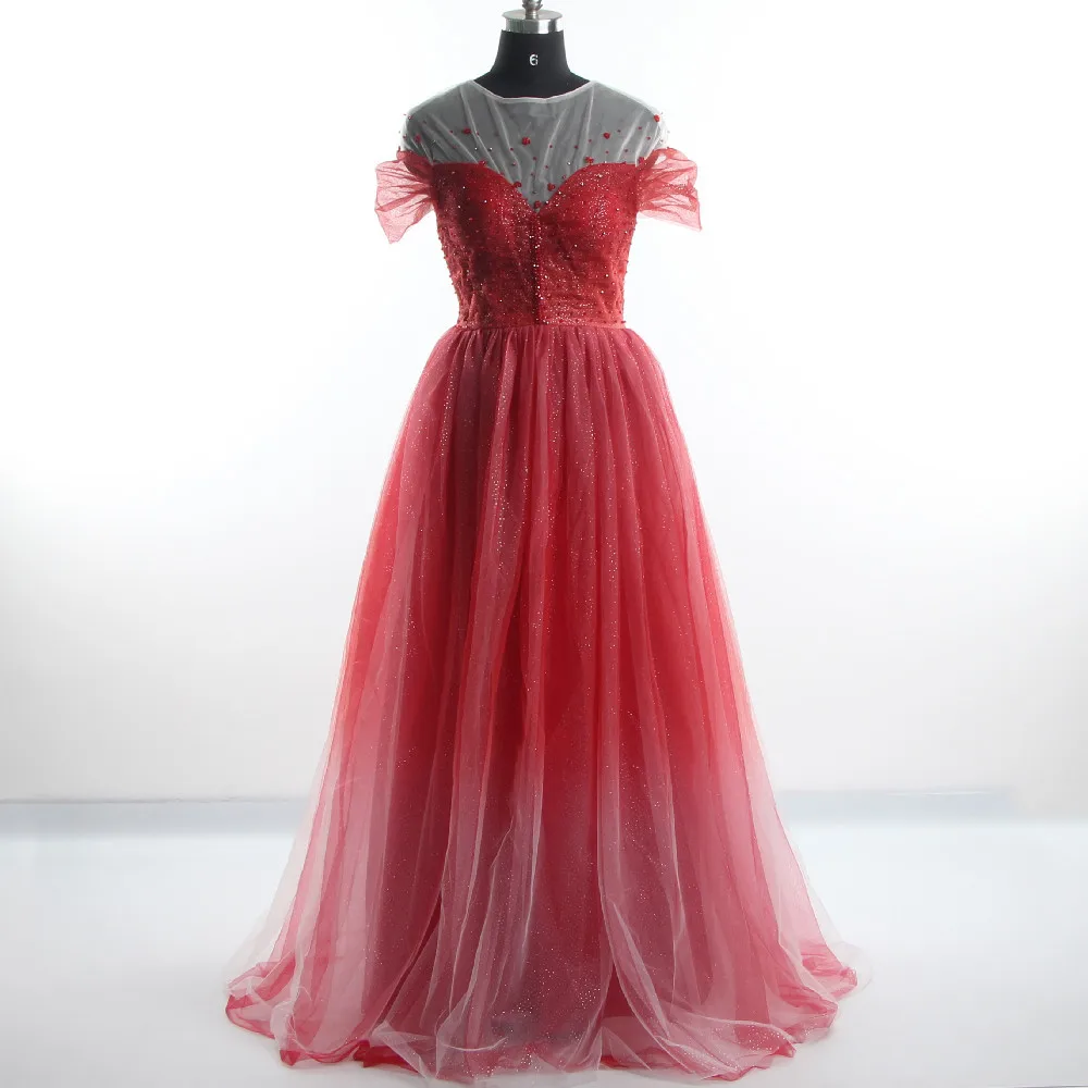 

Evening Dresses illusion O-neck Red Pleat Beading Crystal Lace up Tulle A-line Floor Length Plus size Women Party Dress A502