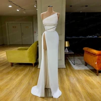 vinage glossy satin prom dress sexy high slit sleeveless with beading sweep train beach plus size evening gown wedding guest