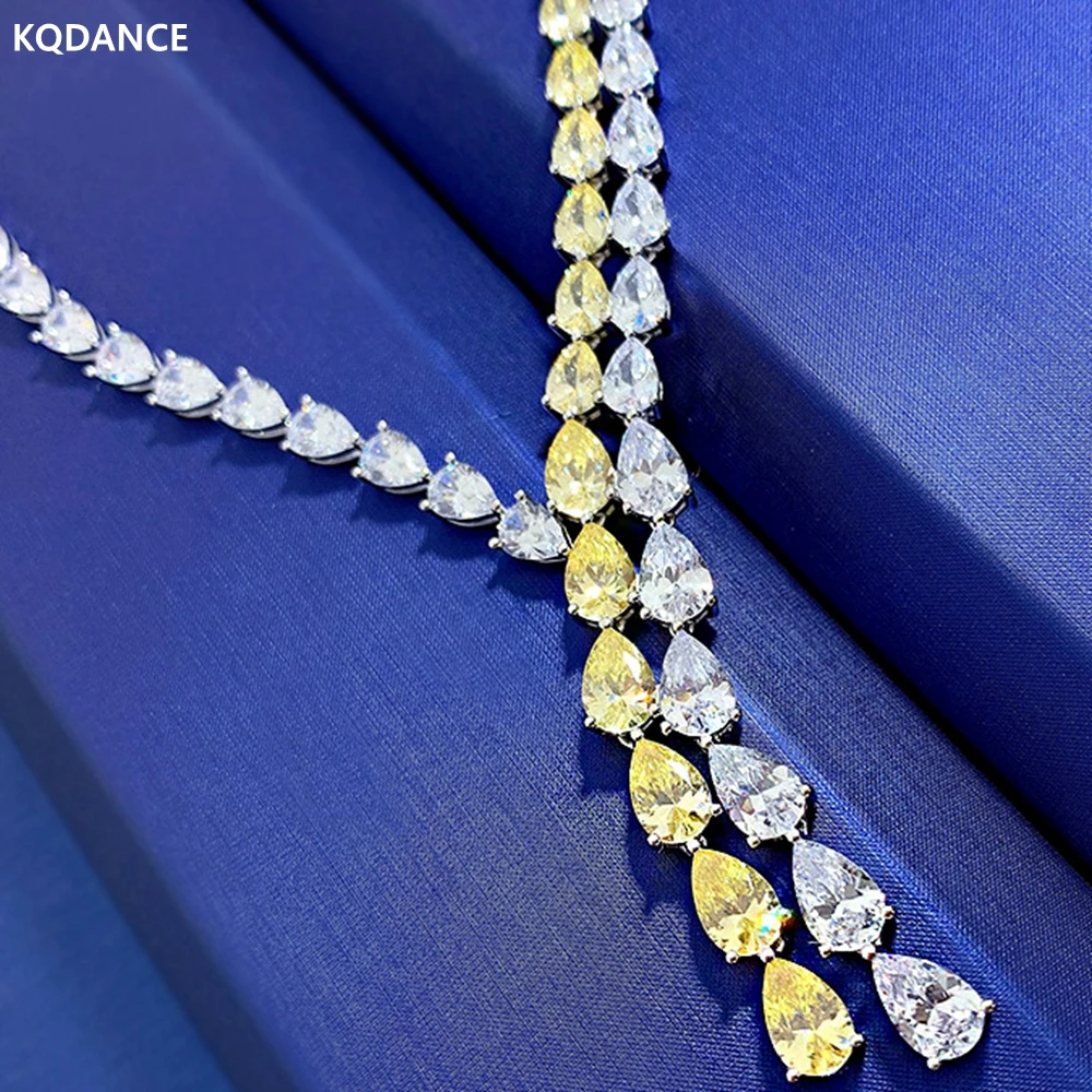 

KQDANCE 925 Sterling Silver With Tear Drop White and Yellow High Carbon Diamond Tennis Chain Necklaces Women Wedding Jewelry