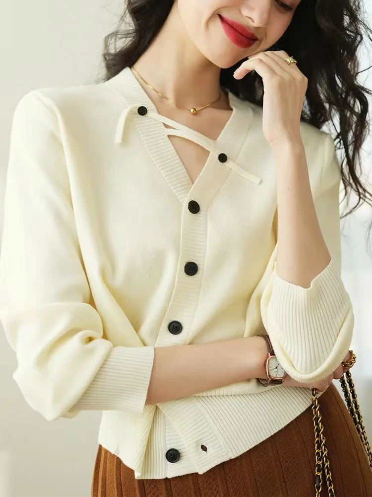 

Spring French Lace-up Korean Knitted Cardigan Women Autumn Chic Top Fashionable Foreign V-neck Sweater Female Clothes