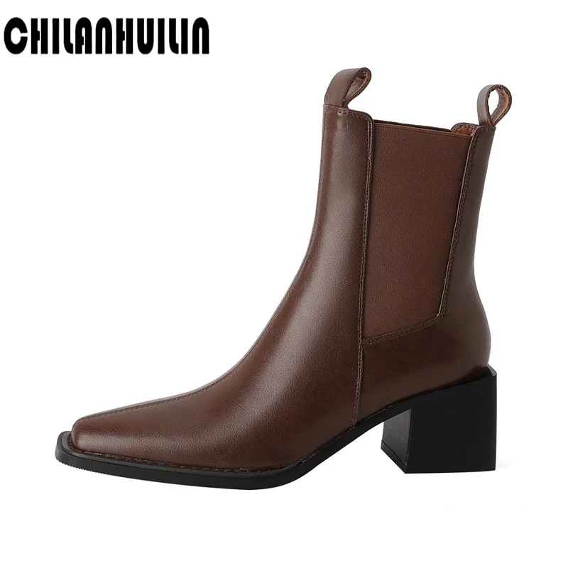

classic sock boots stretch genuine leather thick high heels black ankle boots for women autumn winter boots female booties mujer