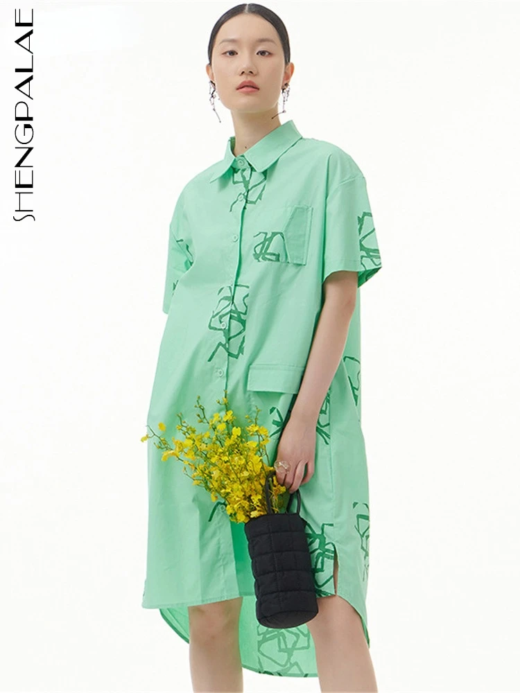 

SHENGPALAE/платье с принтом, зеленое платье с одним нагрудным отворотом, короткий рукав, до колена, повседневный стиль 2022, летние свободные плать...