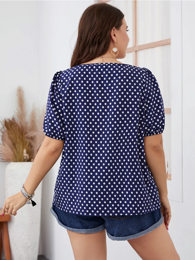 Chiffon Short Woven Round Neck Plaid Style Commuter Pullover Polka Dot Plus Size Women's Shirt