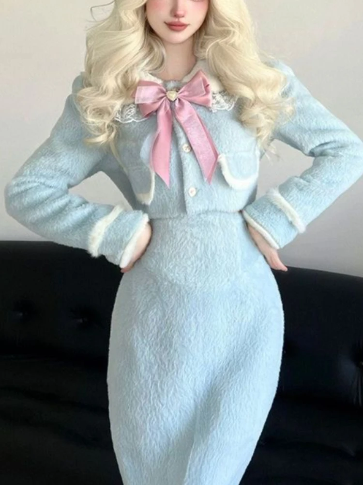 

Blue France Vintage Two-piece Set Women Bow Winter Warm Korean Elegant Skirts Suit Long Sleeve Sweater Coat + Party Long Skirts