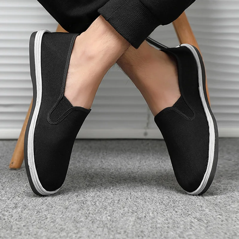 Mens Shoes Casual Canvas Spring Summer Slip-on Unisex Man Fashion Sneakers Flats Breathable Light Black