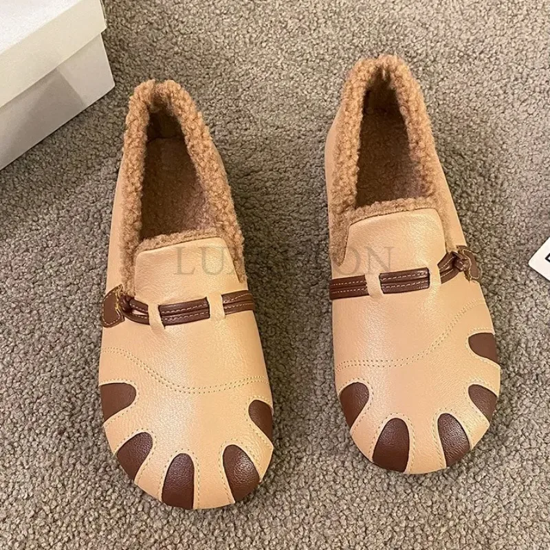 

Casual Woman Shoe Autumn Round Toe All-Match Soft Loafers Fur Female Footwear New Fall Comfortable Moccasin Winter Dress Basic R