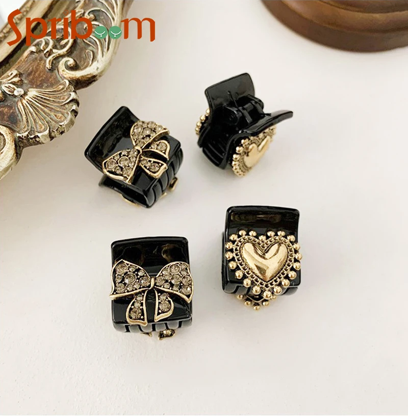 

Vintage Mini Hair Claws for Women Girls Love Heart Rhinestone Bows Hair Clips Sweet Black Hair Pins 2022 Trendy Hair Accessories
