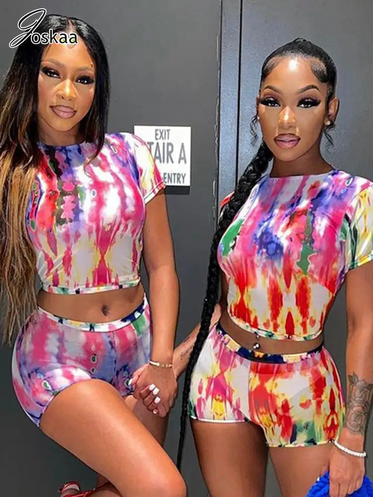 

Joskaa, сексуальный сетчатый комплект из двух предметов, Женский хипстерский укороченный топ с короткими рукавами и обтягивающие шорты, летня...