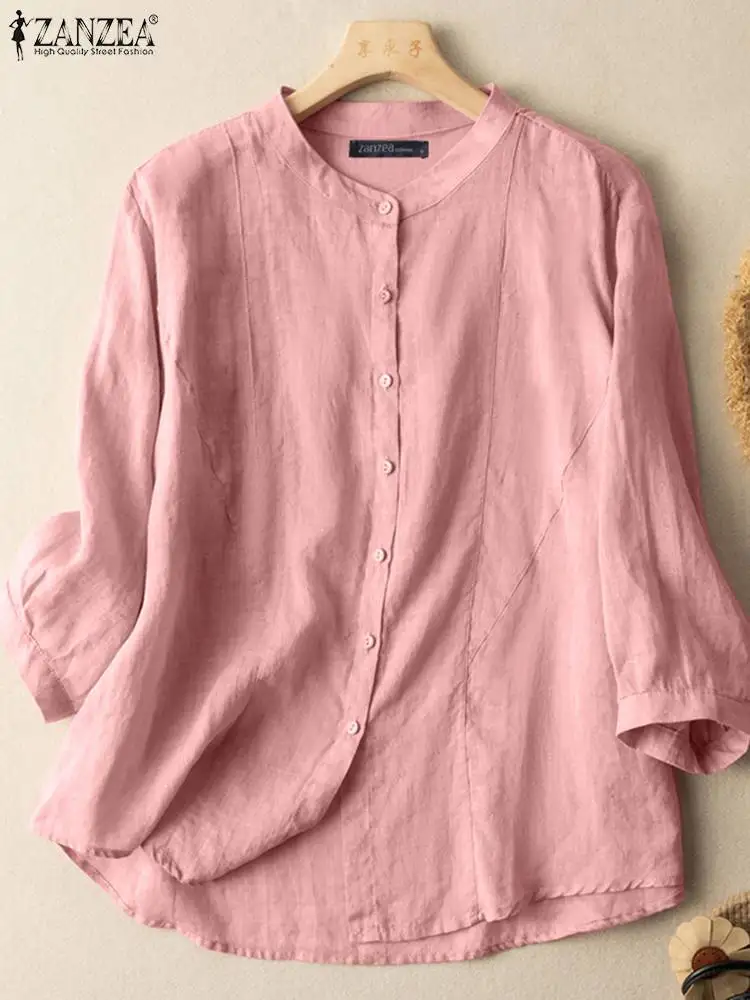 

2023 ZANZEA Vintage Blouse Women Fahsion O Neck 3/4 Sleeve Shirt Autumn Female Cotton Blusas Chemise Casual Buttons Tunic Tops