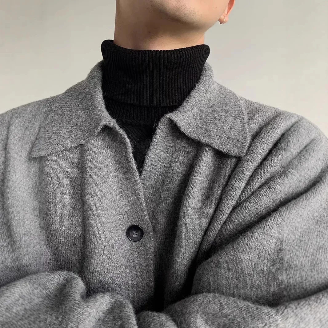 Мужской вязаный кардиган однотонная куртка свободного кроя с воротником поло и