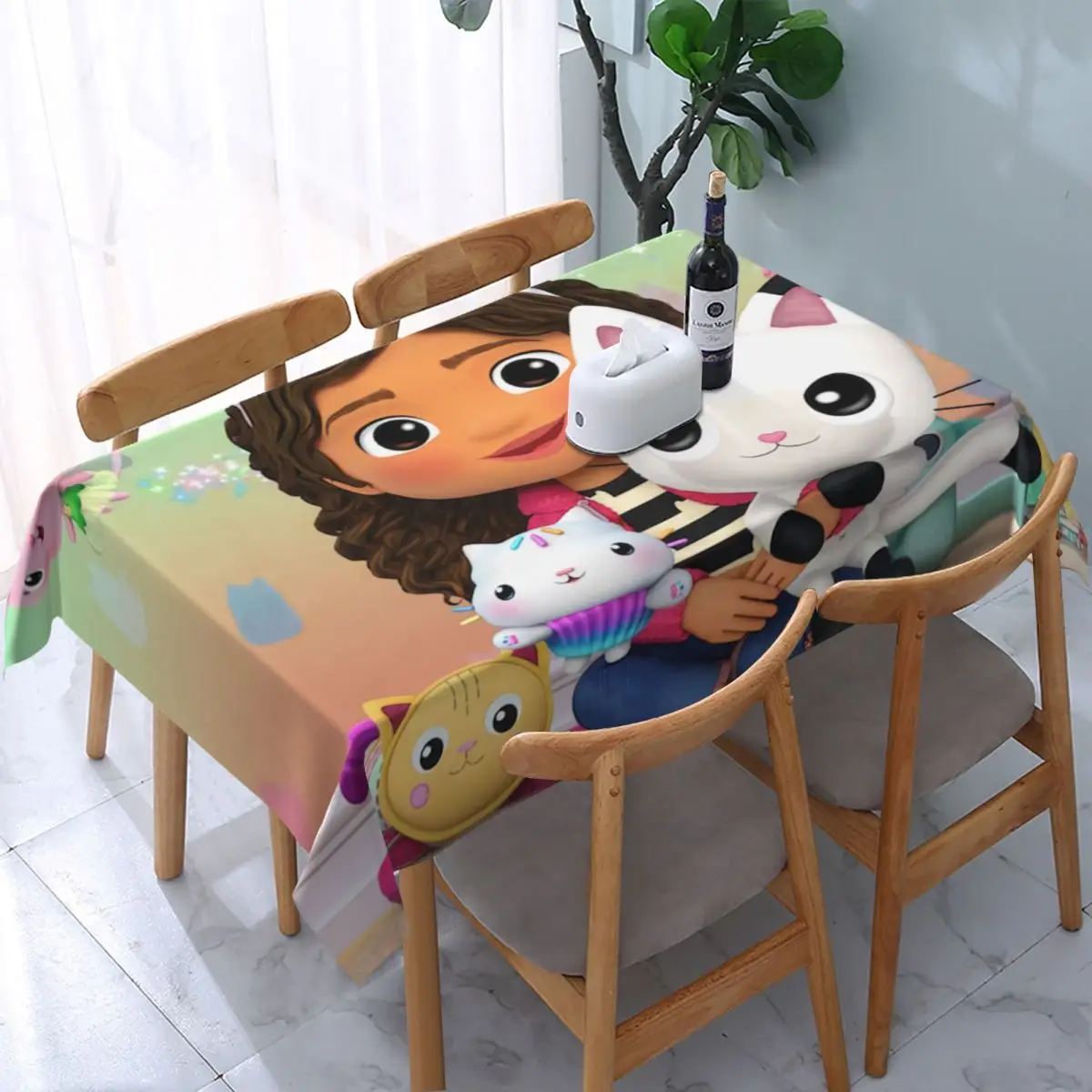 

Rectangular Waterproof Oil-Proof Gabbys Dollhouse Tablecloth Backing Elastic Edge Table Cover Gabby Cat Pandy Paws Table Cloth