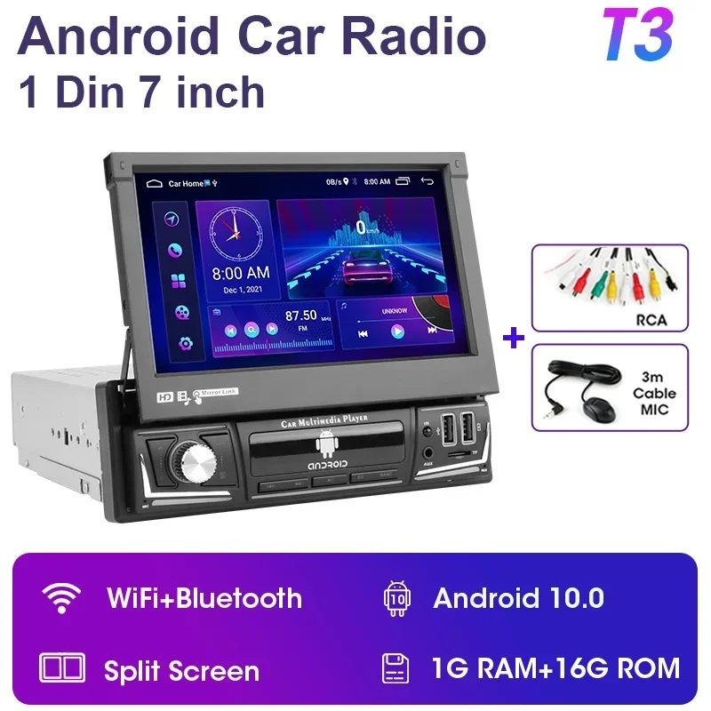 

Автомобильный радиоприемник 1 Din, Android 12, GPS-навигация, выдвижной сенсорный экран 1din, мультимедийный плеер, универсальный 7-дюймовый MP5, аудио-видео, без DVD