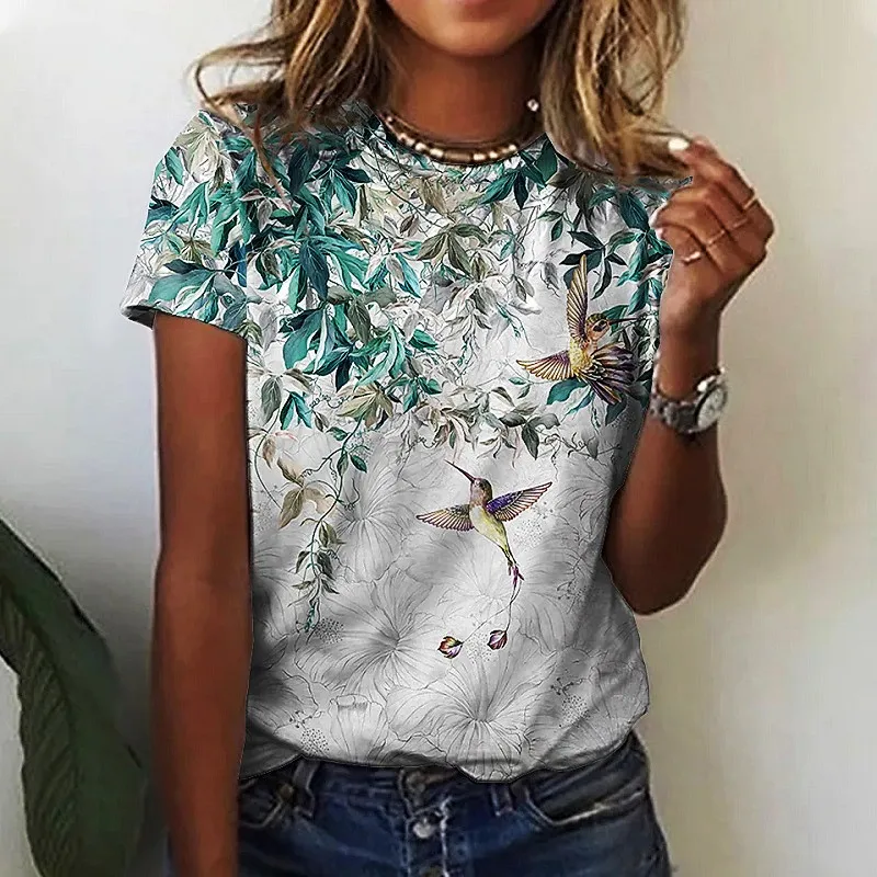 

Green Flower Short Sleeve Fashion 2022 Women's Casual Daily Wear Women's T-shirt Round Neck Top Women