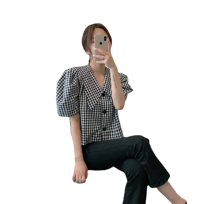 Осень 2024 Новое поступление клетчатая однобортная рубашка с пышными рукавами в