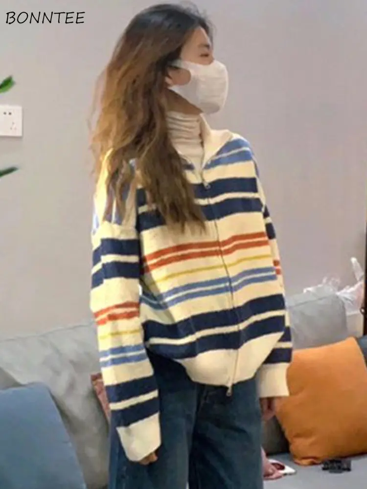 

Кардиган женский свободного покроя, простой Универсальный Элегантный Милая вязаная кофта в японском стиле, в полоску, осень