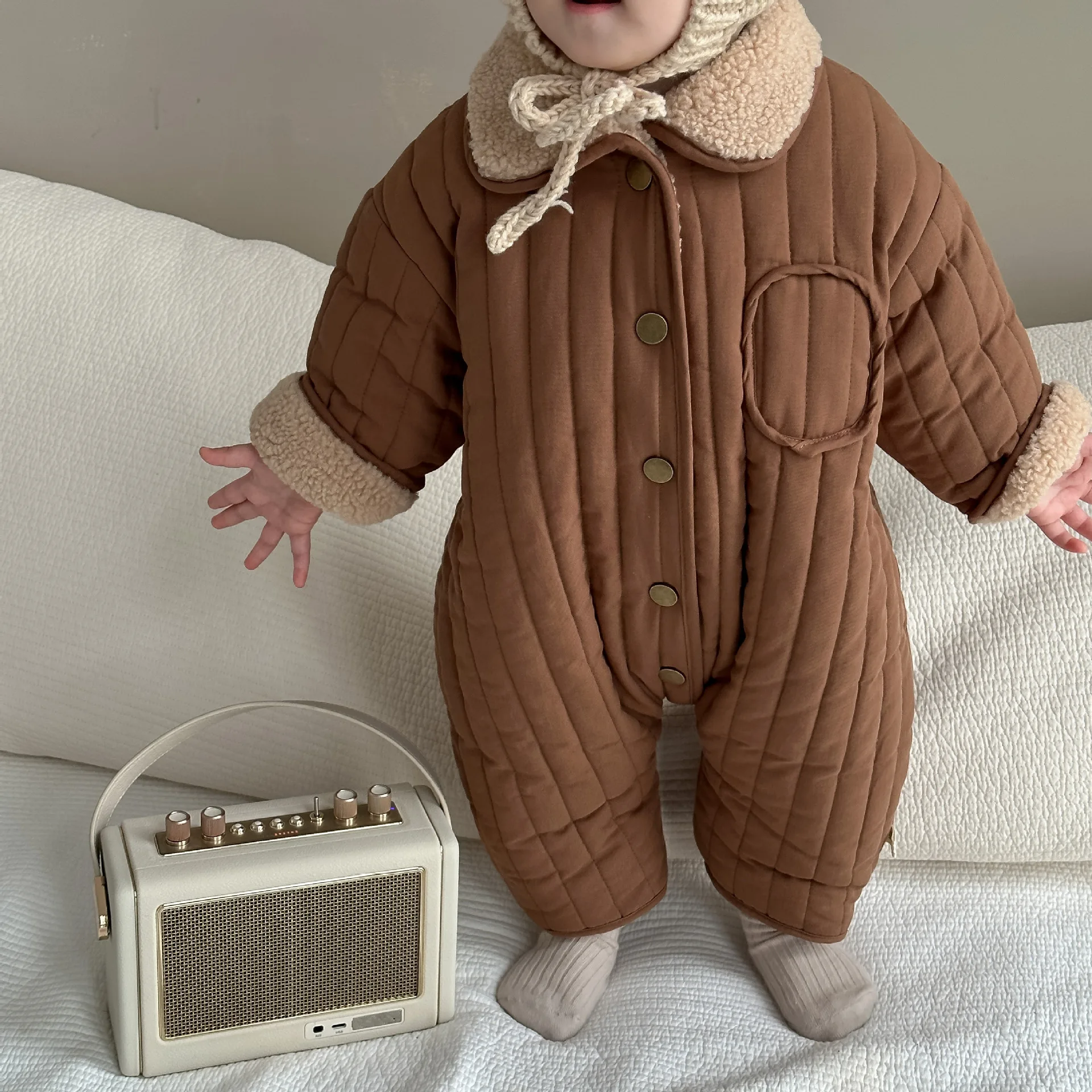 

2023 Winter New Baby Solid Plush Romper Thick Newborn Boy Girl Long Sleeve Warm Clothes Cute Infant Double Sided Jumpsuit 0-24M