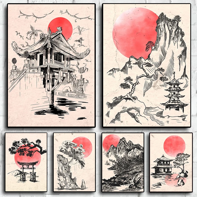 

Japan Culture Posters 80s Retro Landscape Sun Art Home Wall Decor For Room Living Canvas Painting Print Aesthetics Pictures Gift