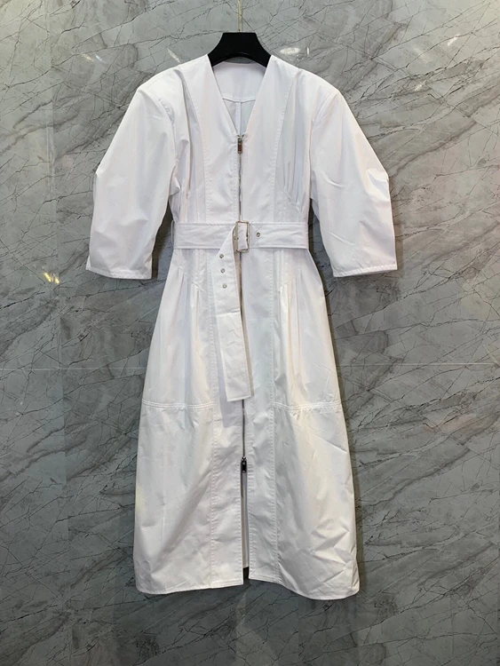 

2022 new women fashion puff sleeve V-neck three-dimensional hem slit zipper belt slim dress 515