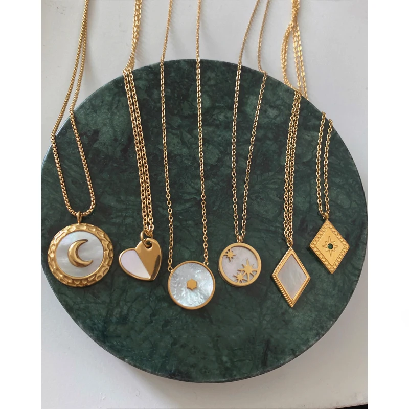 

CARLIDANA 5 Designs Moon Star Mother of Pearl Necklaces Rhombus Love Heart Necklaces for Women Titanium Steel Vintage Necklace