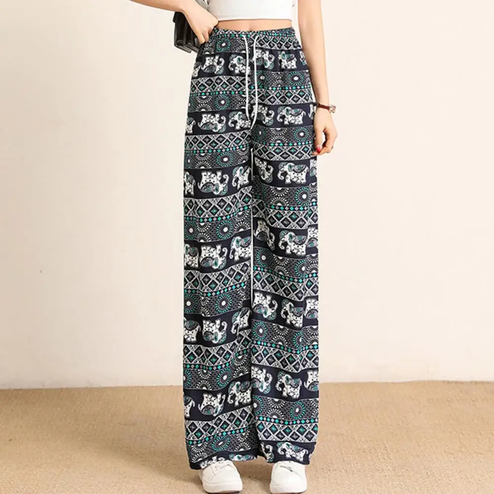 

Ethnic Style High Waist Women Pants Elastic Waistband Drawstring Retro Elephant Print Straight Wide Leg Pants Female Clothing