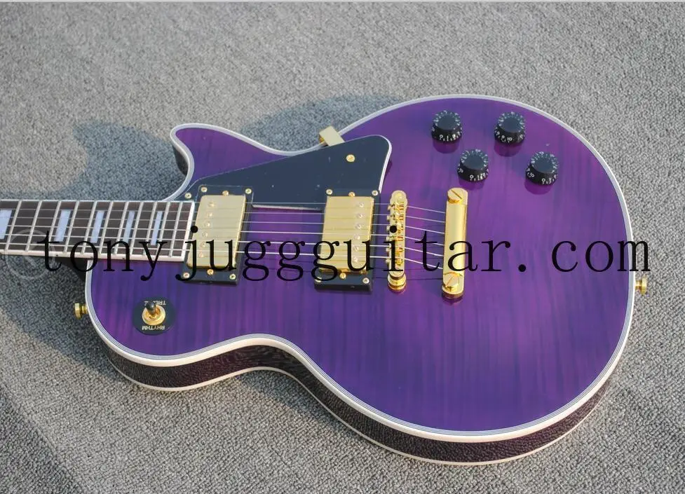 

Rhxflame Shop Flame Maple Top Trans Purple Electric Guitar Gold Hardware, Black Pickguard, Grover Tuners, 5 Ply Body Binding