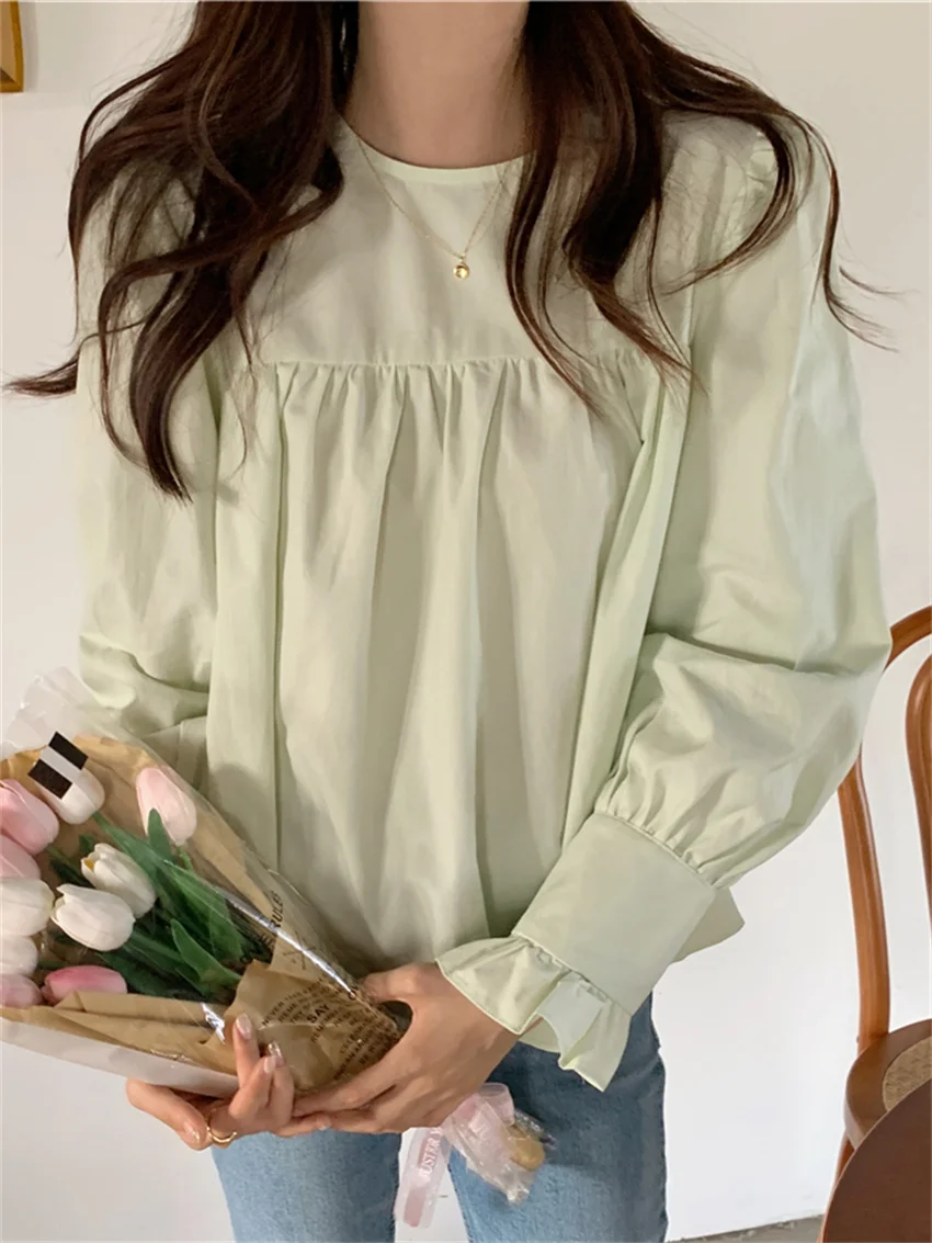 

Alien Kitty Lady Office Wear Spring Solid Women Blouses Minimalist Hot Ruffles Full Sleeve 2022 Chic Gentle New Loose Tops