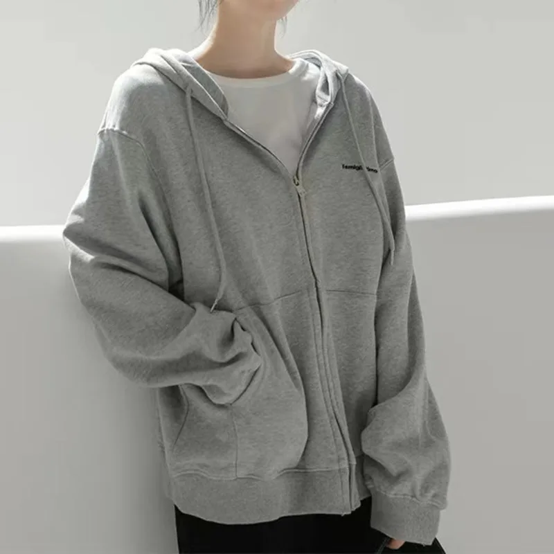 

Spring Autumn Women Zipper Hooded Cardigans 2022 New Letter Print Loose Casual Pure Cotton Cardigan Coat Tops