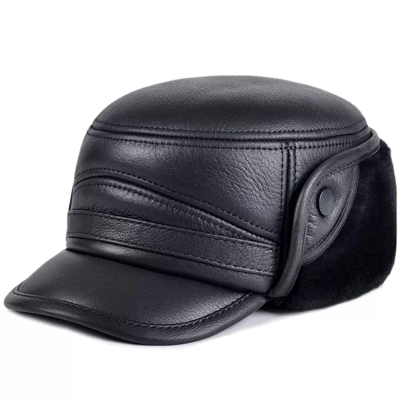 Men's winter mid-aged and old fur integrated sheep's skin to keep warm and protect ears Dad's genuine leather cotton cap