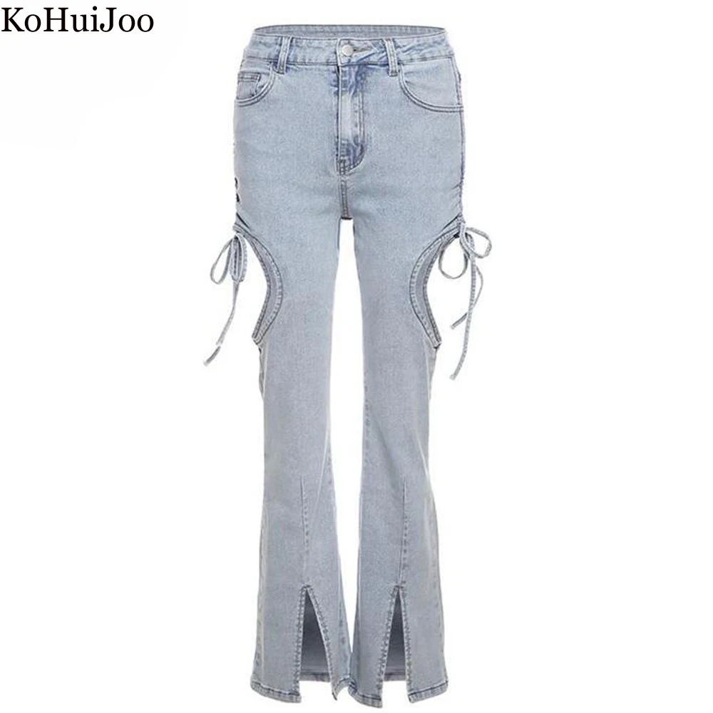 KoHuiJoo Hole jeans For Women 2022 Spring Summer Woman Slim Hollow Out Lace Up High Waist Slim Denim Pants Floor Length Trousers