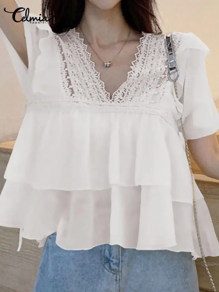 

Женская модная туника Celmia, короткая блуза с многослойными оборками, летняя блузка 2023 с V-образным вырезом и коротким рукавом, элегантные одн...