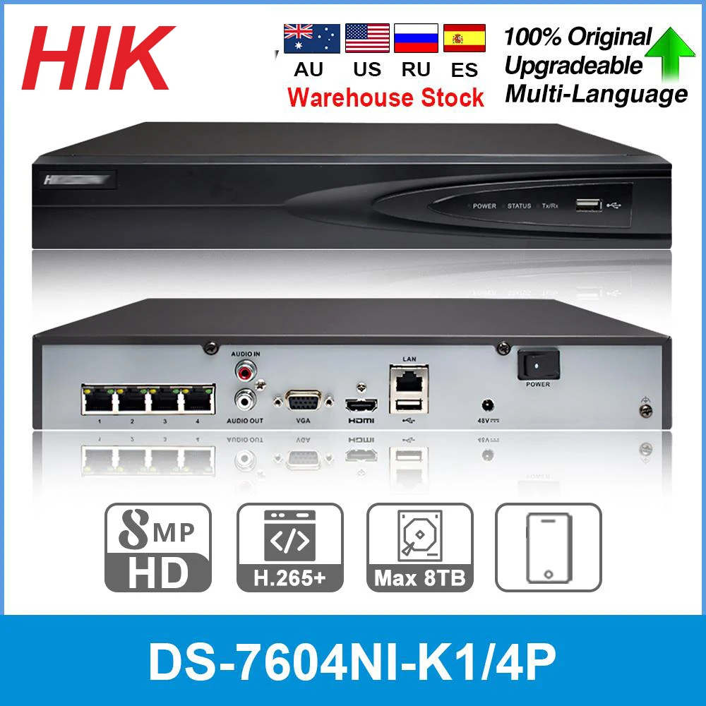 

Hik 4K 8MP NVR DS-7604NI-K1/4P 4Channel PoE Surveillance Security Network Video Recorder CCTV For IP Camera Hik -Connect