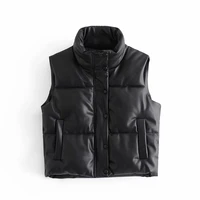 high neck side pockets female outerwear women sexy with drawstrings faux leather padded waistcoat vintage
