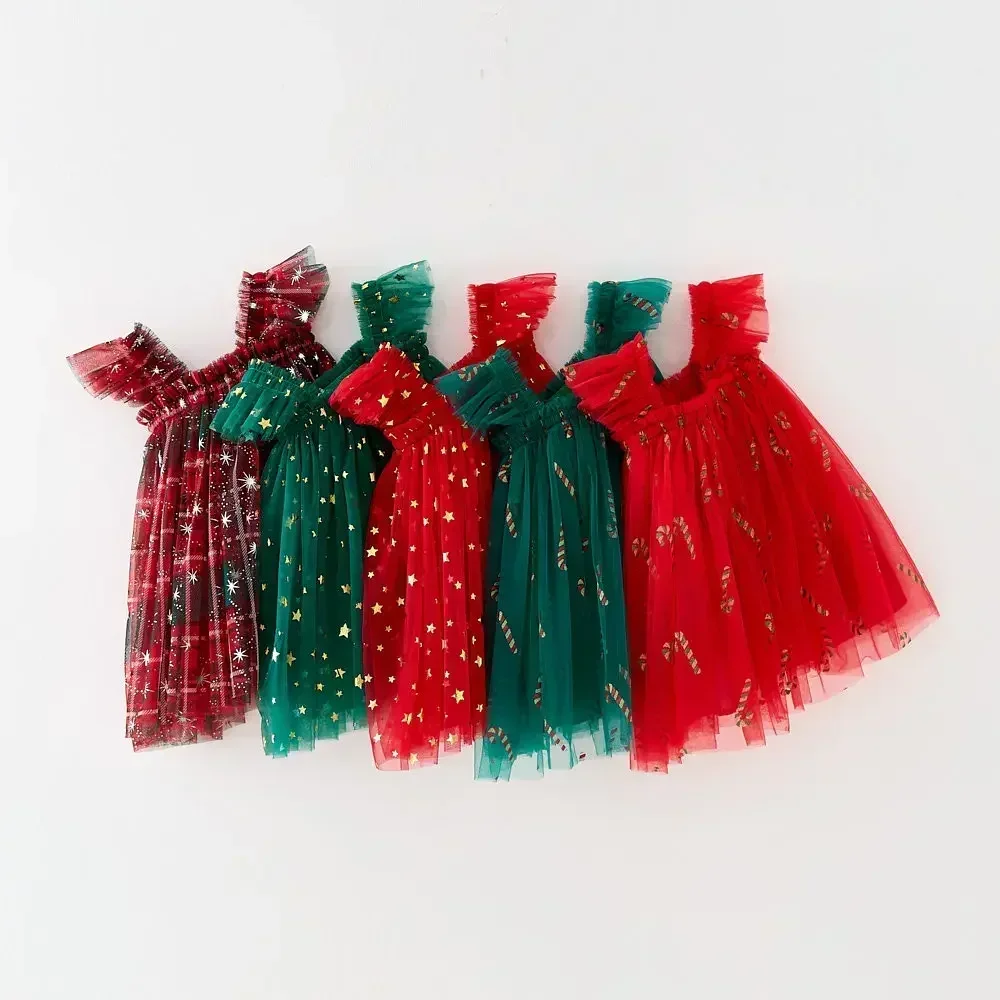 Christmas Clothes Toddler Girls Mesh Suspenders Bow Fuffy Tulle Tutu Princess Dress Summer Baby Embroidery Flower Wear