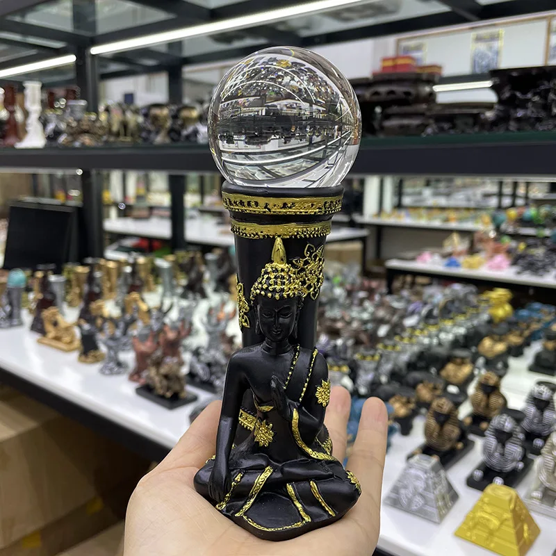 

CS60 4.7inch Sitting Buddha Resin Statue Craft Crystal Ball Base Stand Figurine Fengshui Ornaments Display Holder