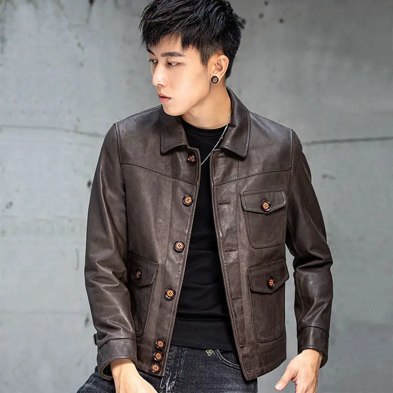 2022 Korean Slim Fit Turn Down Collar Multi Pockets PU Leather Jackets Men Clothing Streetwear Long Sleeve Casual Coats W76