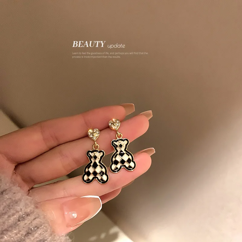 

925 Silver Needle Diamond Love Chessboard Small Bear Earrings Temperament High Sense South Korea New Autumn And Winter