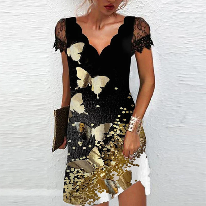 

2022 Elegant Dresses for Women V Neck Lace Sleeves Short Dress Women Spring Summer Sexy Ladies Short Sleeve White Party Dress