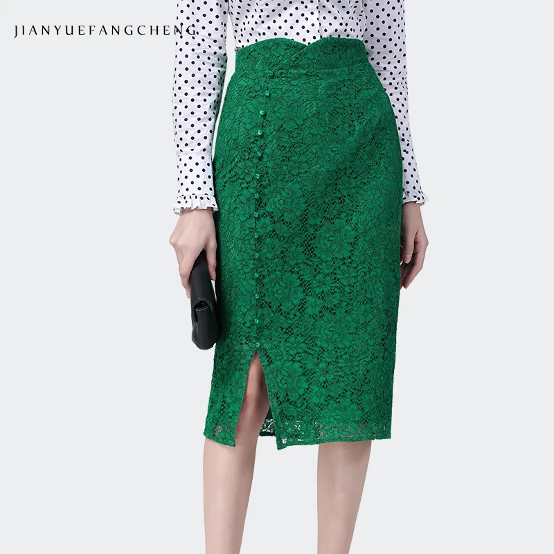 

Женская кружевная юбка-карандаш средней длины, зеленая ажурная юбка с высокой талией и бусинами, офисная юбка для осени, 2022