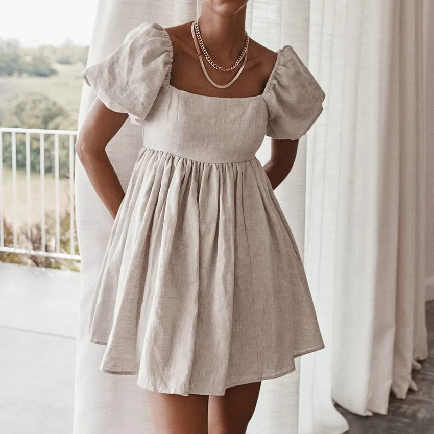 

Women's summer dress vintage Cotton Linen Sexy Square Neck Puff Sleeves Small Fresh A-Line Skirt High Waist Draped Casual dress