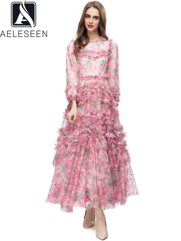 

AELESEEN Runway Fashion Maxi Dress Women Autumn Luxury 3D Flower Print Ruffles Edible Tree Fungus Elegant Long Tulle Prom