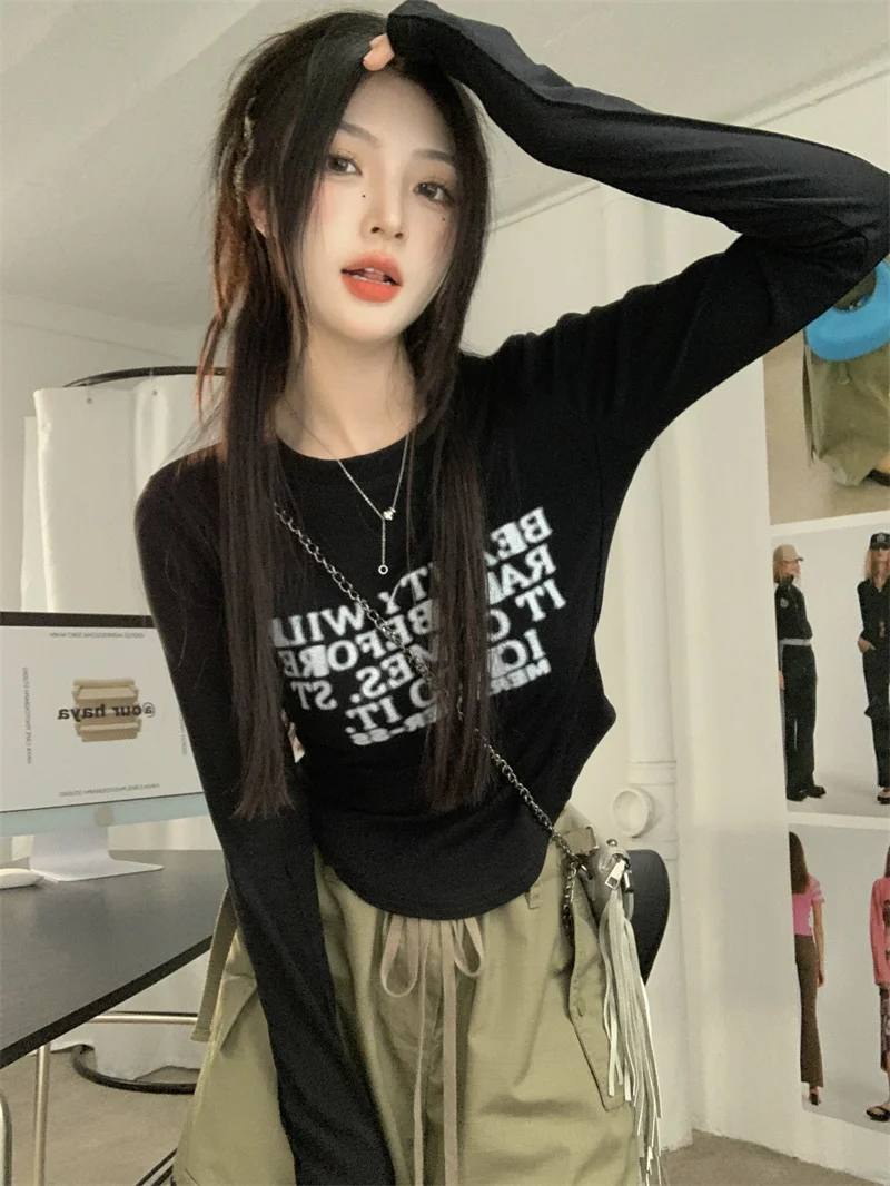 

Crop Tops Mujer Women Tshirts O-neck Long Sleeve Cropped Top O-neck Long Sleeve Tunic High Waist Y2k T Shrit Korean Casual Tees