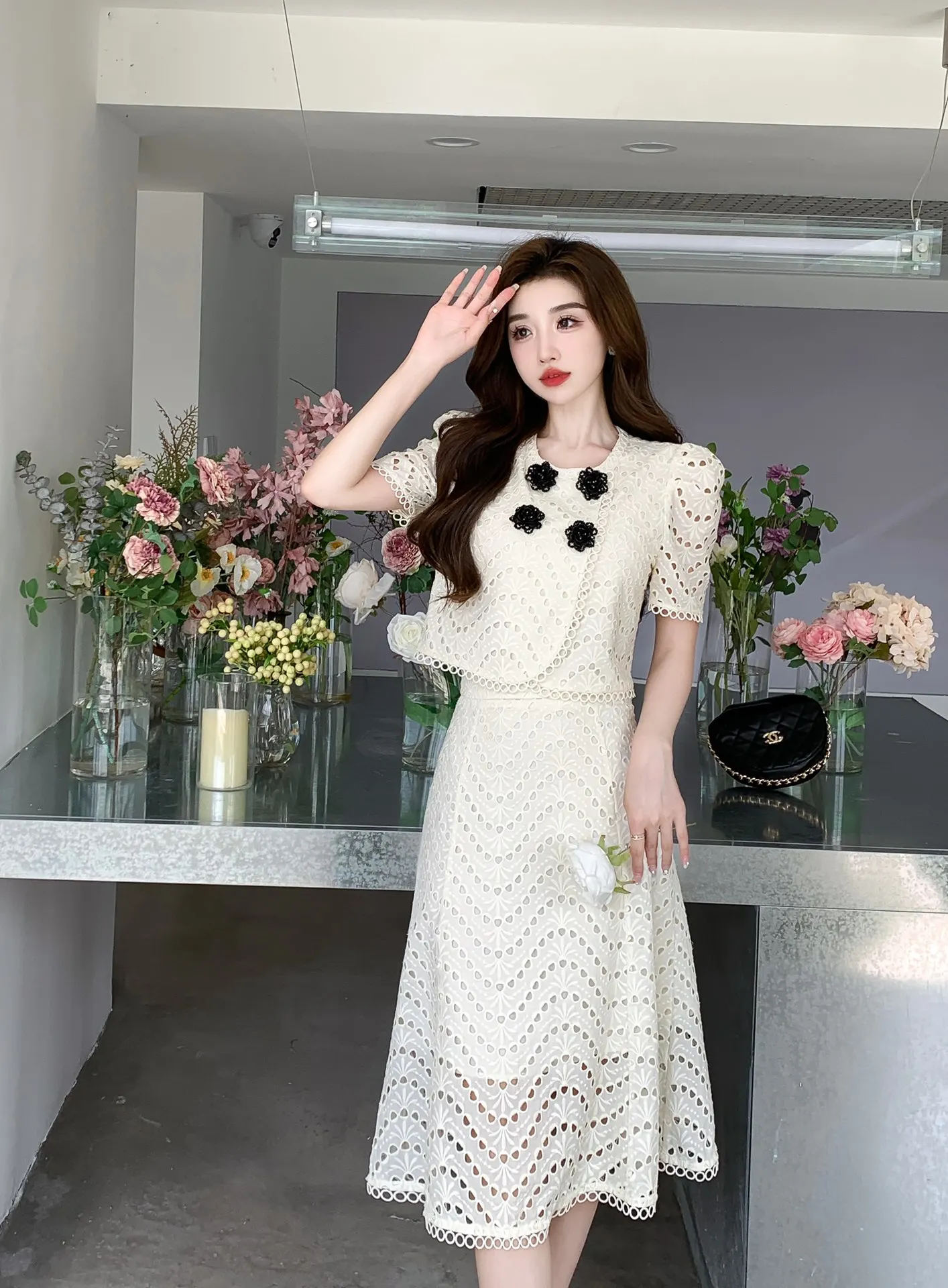 

2023 spring and summer women's clothing fashion new round Neck Short Sleeve Top Mid-Length Dress Set 0526