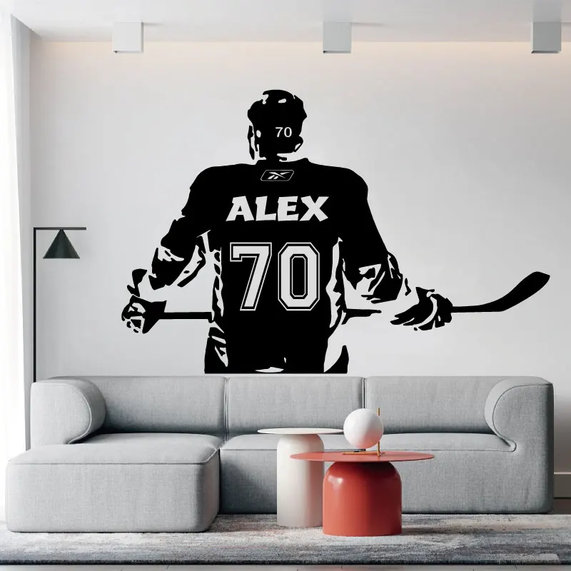 

Gifts for Boys Personalized Custom Name Number Hockey Player Vinyl Wall Decal Hockey Competitive Sports Boy Room Decal Mural 8