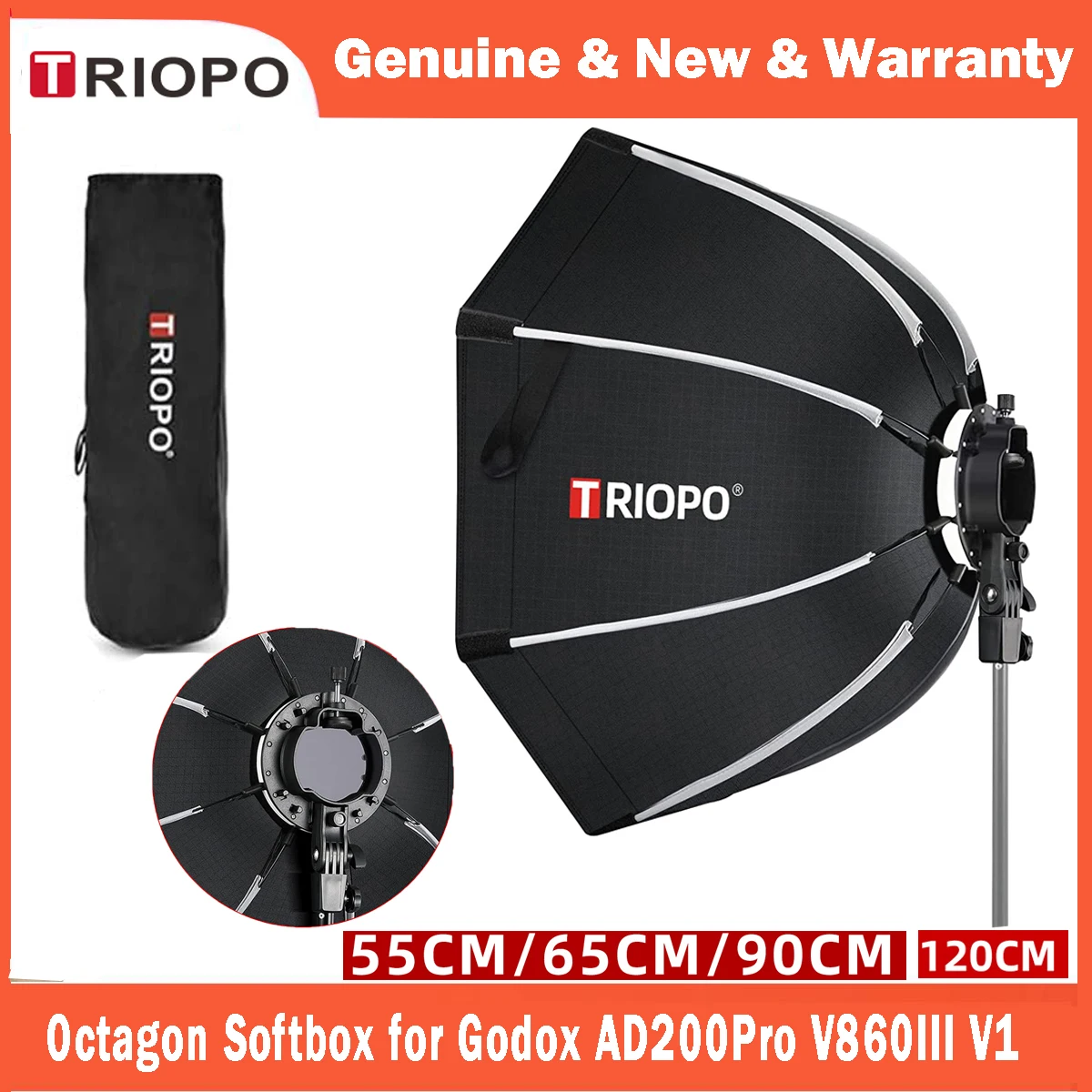 TRIOPO 55cm 65cm 90cm 120cm Foldable Octagon Softbox Tripod Grip for Godox V860III V1 AD200Pro Yongnuo Speedlite Flash Light