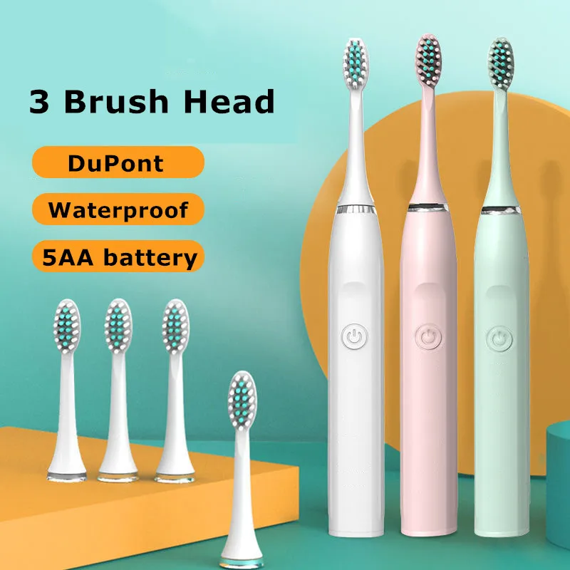 

Зубная щетка звуковая электрическая для взрослых, отбеливающая Водонепроницаемая с 3 насадками и умным таймером, батарея 5AA