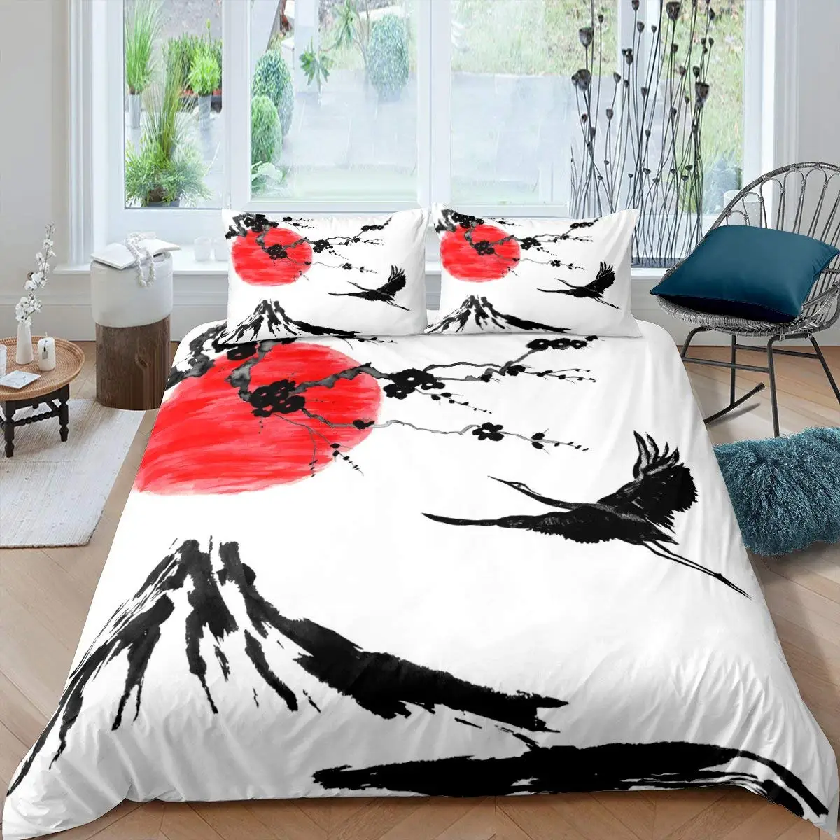 

Bedding Set Crane Wave Quilt Cover Red Sun Polyester Comforter Cover Japanese Ukiyo-e King Queen Duvet Cover Golden Fish Hokusai