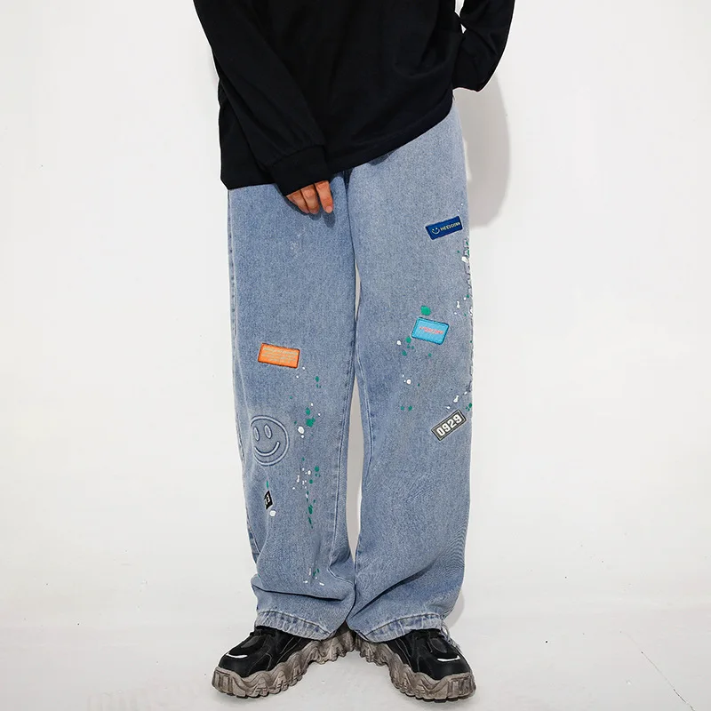 

Man Smile Face Print Jeans Harajuku Vintage Loose Wide Leg Straight Pants 2023 Men Blue Brand Elastic Plus Size Jean Denim Pants