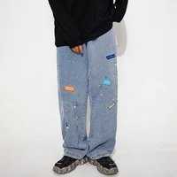 man smile face print jeans harajuku vintage loose wide leg straight pants 2021 men blue brand elastic plus size jean denim pants