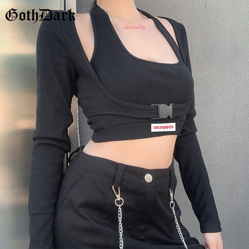 

Goth Dark Techwear Black Y2k Punk Women T-shirts 2 Piece Sets Gothic Grunge Bodycon Patchwork Crop Tops Hip Hop Buckle Clothes