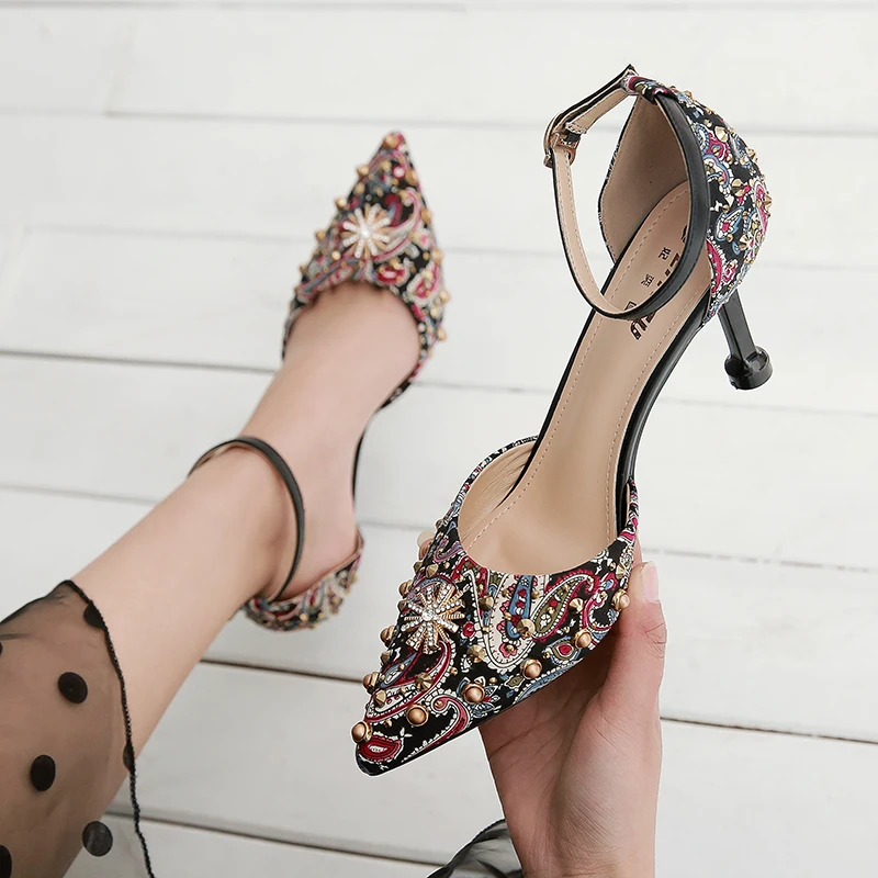 

Fashion Sandals Women Shoes Print Party Black Heels High Ethnic Rivet Summer Pumps